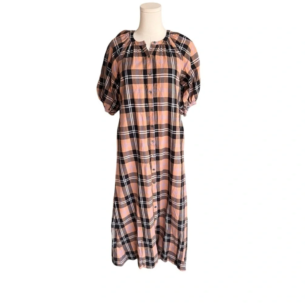 STAUD - Plaid Cotton Midi Dress Button Front Puff Sleeve Sz XS - Picture 3 of 9